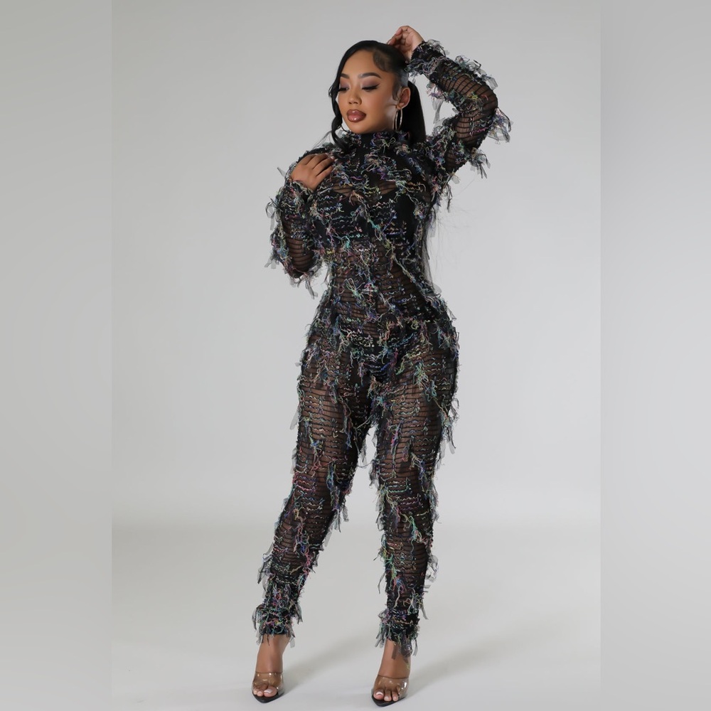 Cherie Sheer Jumpsuit Party Music Festival Club Sexy Black Multi Colored L New
